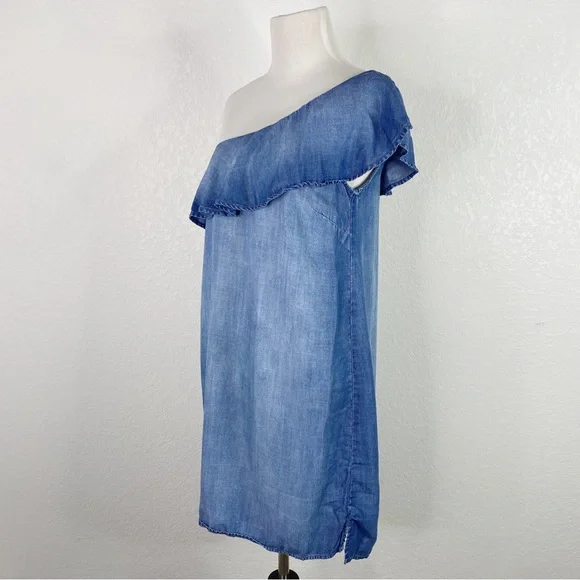 Anthropologie Cloth & Stone Chambray Ruffle One Shoulder Dress - Picture 8 of 9